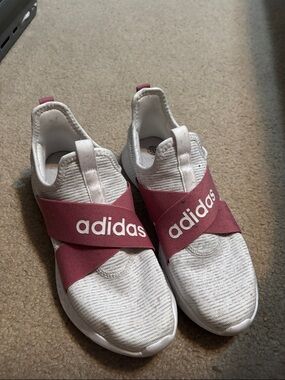 adidas White and Rose Cross-Strap Slip-On Sneakers